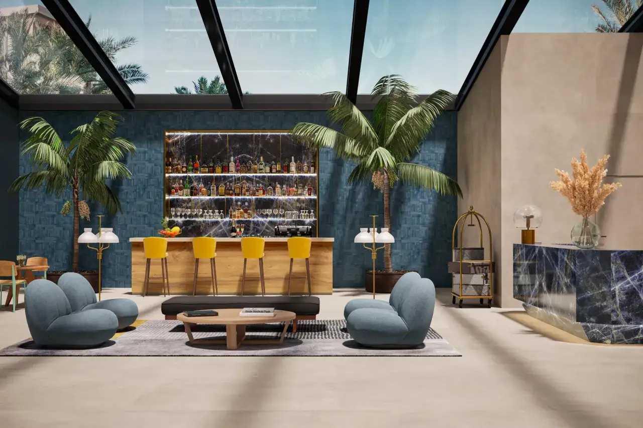Nowoczesne lobby hotelowe z barem, wygodnymi fotelami i palmami pod przeszklonym dachem.
