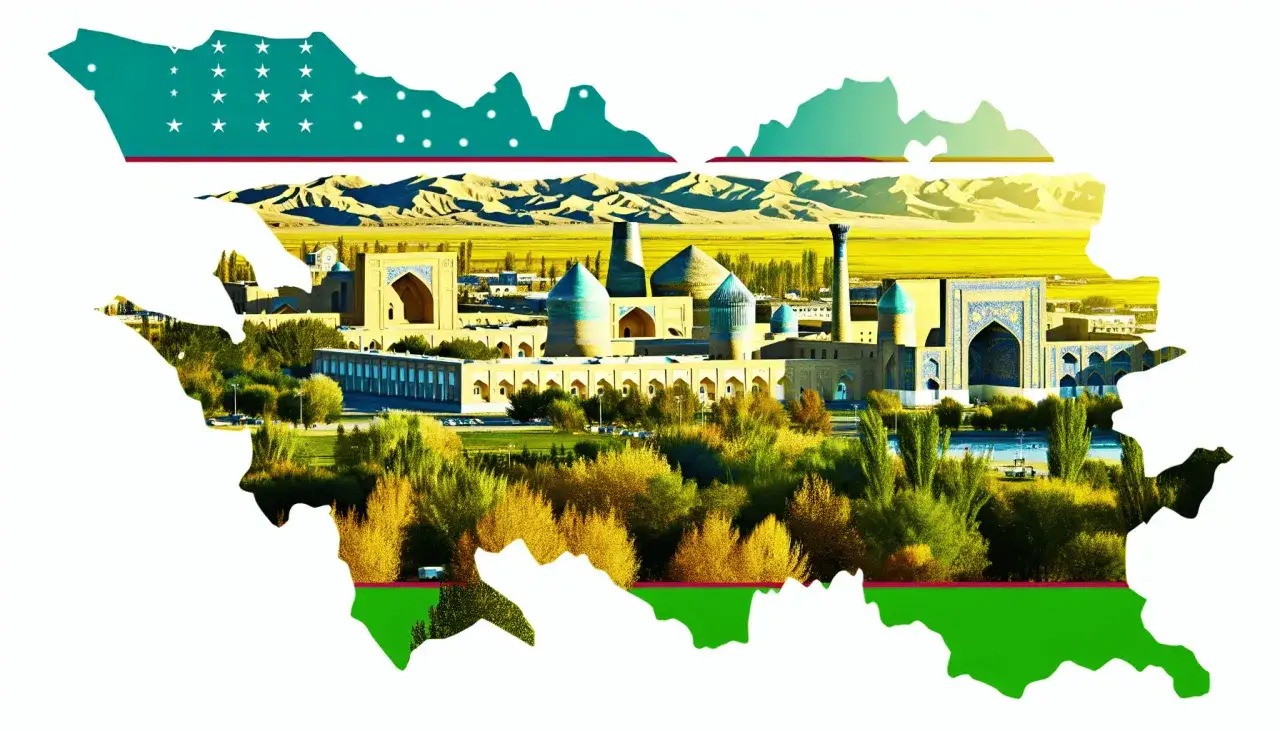 Krajobraz Uzbekistanu z zabytkami i flagą. Czy wyjazd do Uzbekistanu jest bezpieczny? Tak, to piękny kraj.