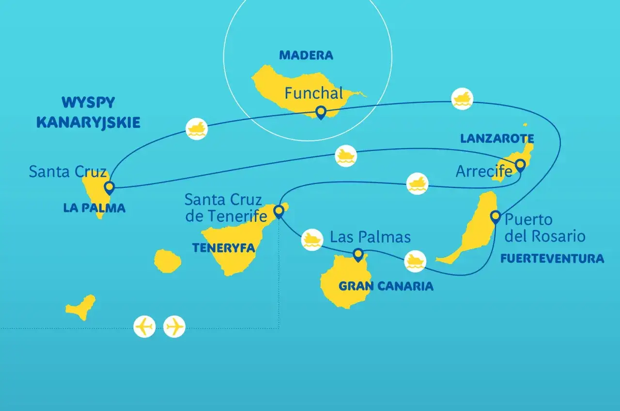 Mapa tras lotniczych na Wyspy Kanaryjskie i Maderę. Czy lot na wyspy kanaryjskie jest bezpieczny? Tak, podróż samolotem jest zaznaczona ikonami samolotów.