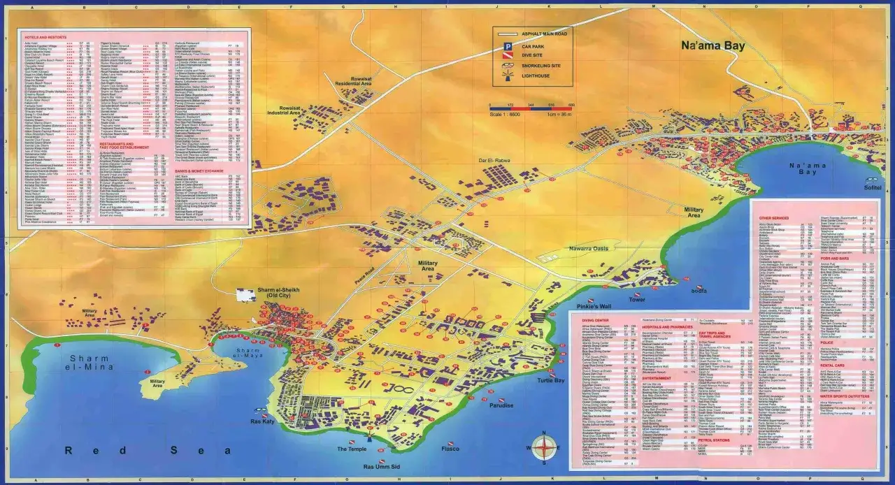 Mapa Sharm El Sheikh z zaznaczonymi hotelami, restauracjami, nurkowiskami i innymi usługami. Czy w Sharm el Sheikh jest bezpiecznie? Mapa pokazuje wiele obiektów i obszarów, w tym 
