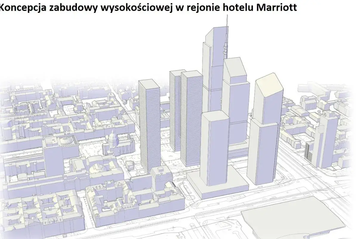 Wizualizacja koncepcji zabudowy wysokosciowej w rejonie hotelu Marriott. Nie wiadomo, ile pięter ma Marriott, ale widać tu wiele wieżowców.