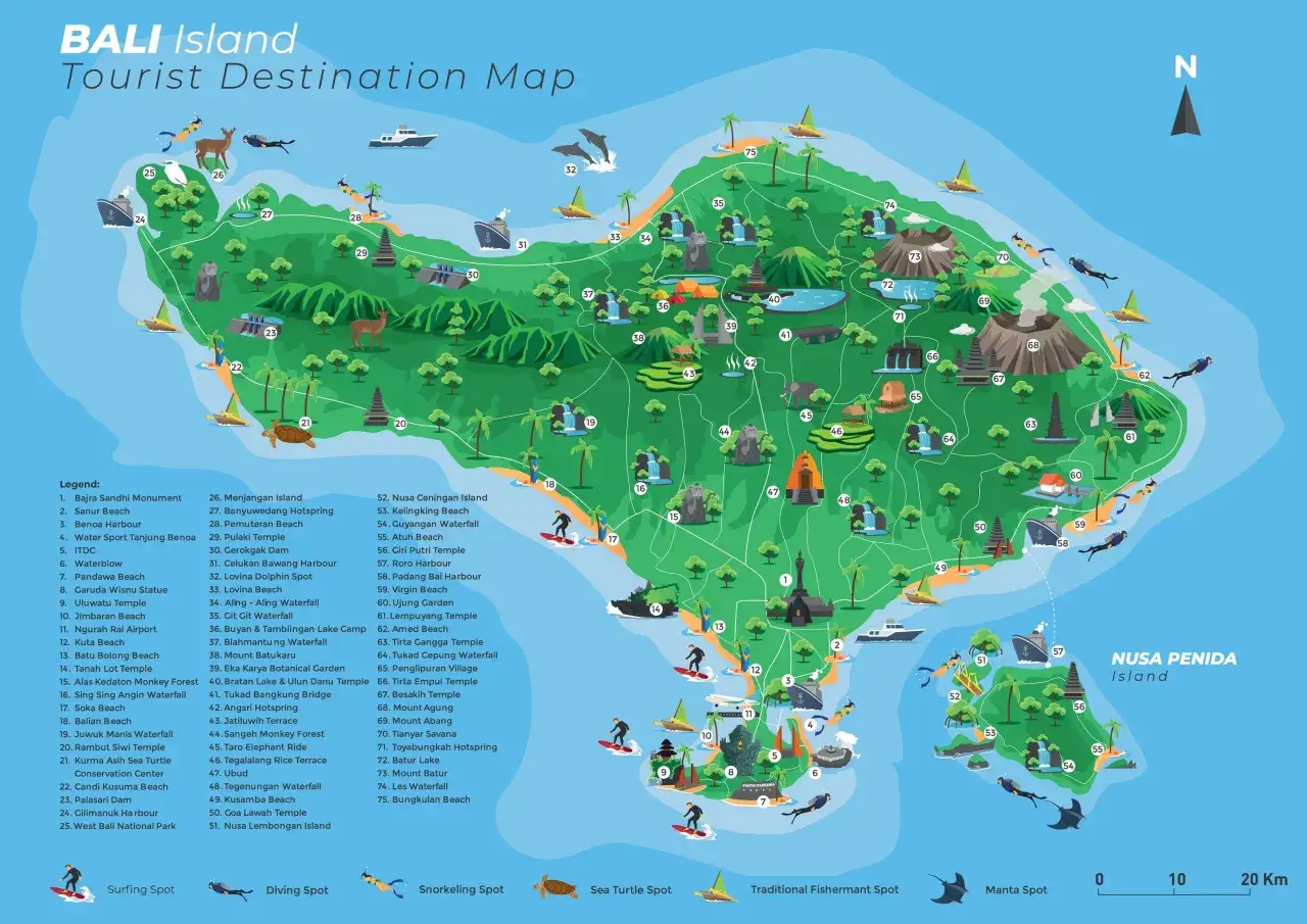 Mapa turystyczna Bali z zaznaczonymi atrakcjami, plażami i miejscami do nurkowania. Czy Bali jest bezpieczne? Tak, to popularny kierunek turystyczny.
