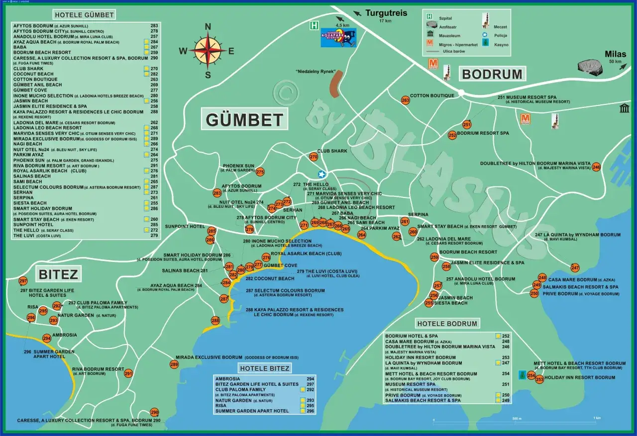 Mapa z hotelami i atrakcjami w Gumbet i Bodrum, idealna do planowania podróży gdzie do Turcji.