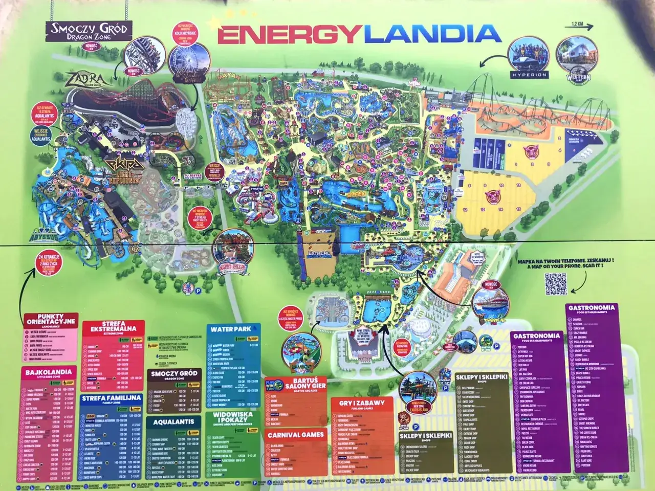 Mapa Energylandii pokazuje, ile jest atrakcji w tym parku rozrywki. Znajdziesz tu strefy ekstremalne, familijne, wodne i wiele więcej.