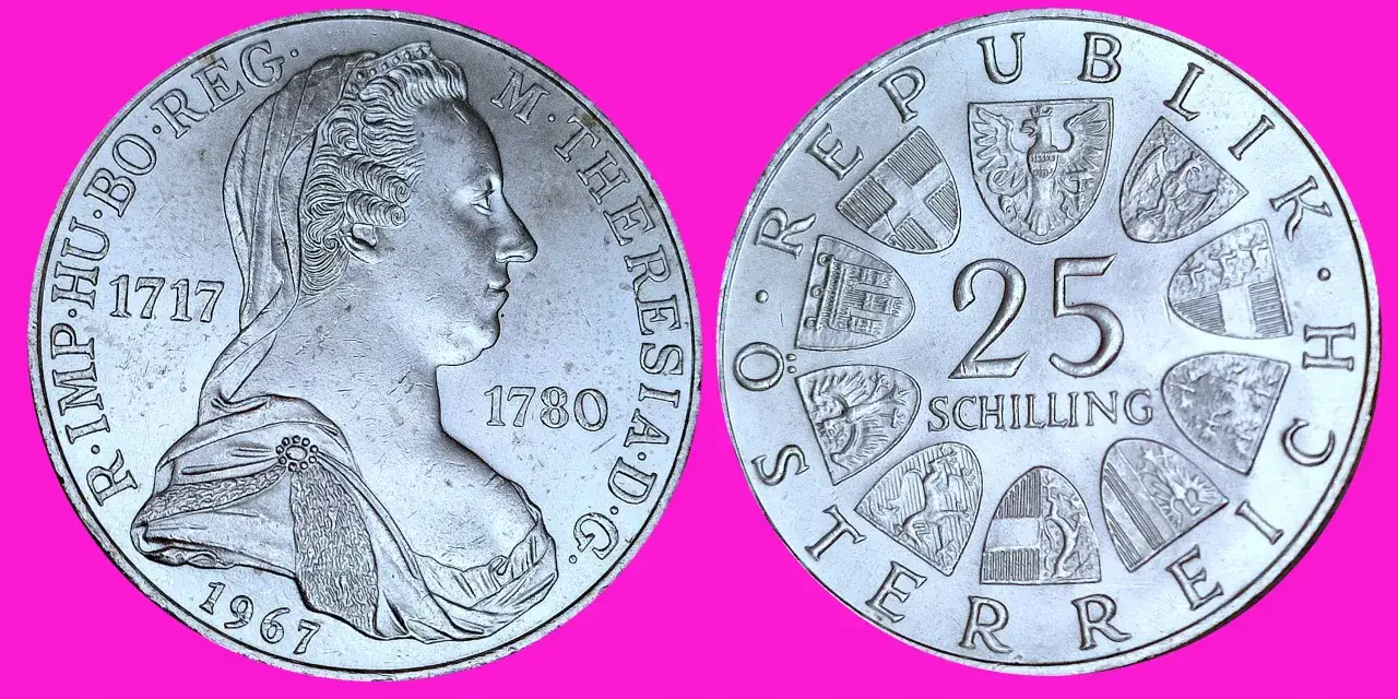 Moneta 25 szylingów z wizerunkiem Marii Teresy. Kiedyś drobniak w Austrii, dziś pamiątka historii.