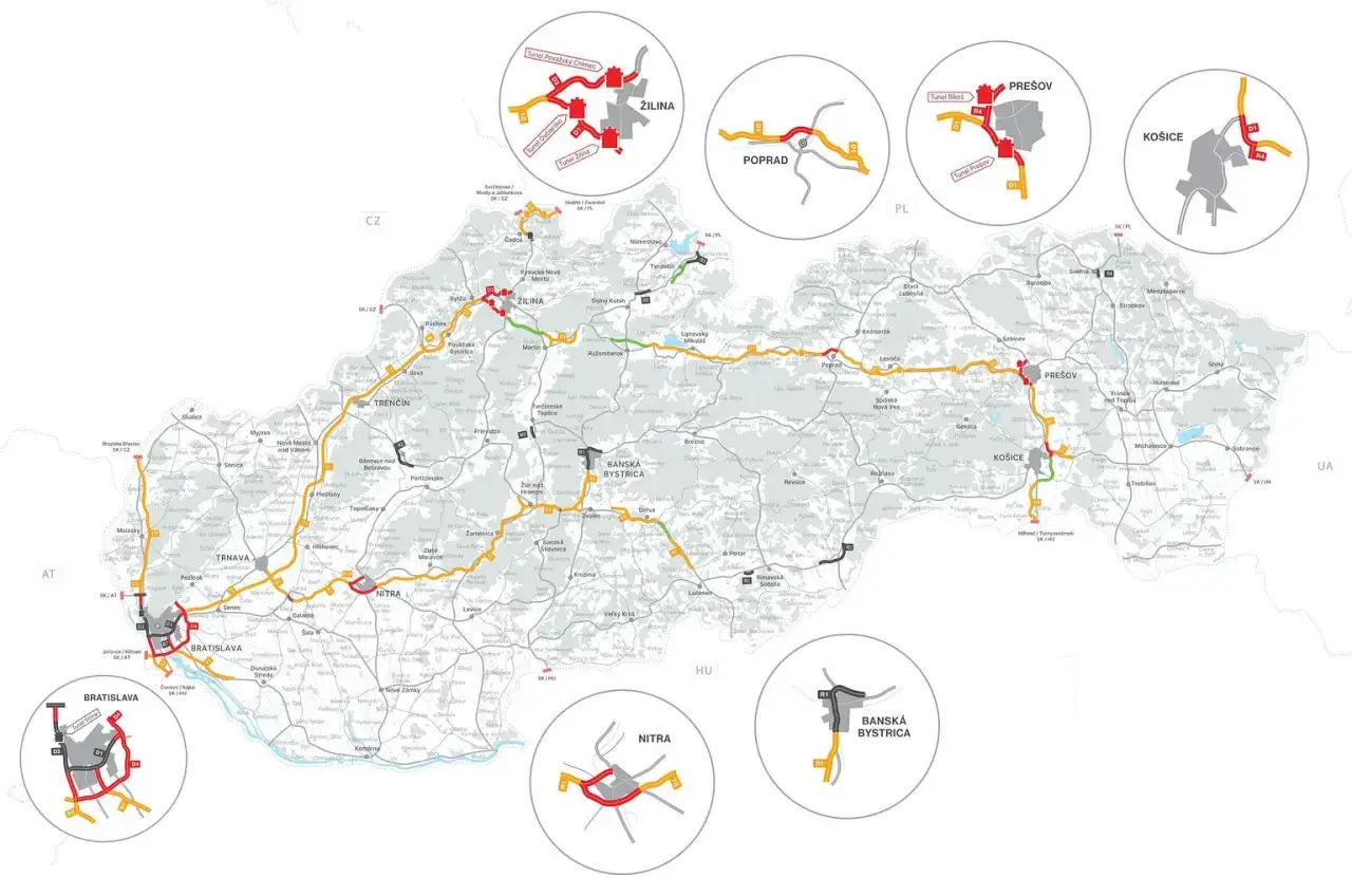 Mapa Słowacji z zaznaczonymi drogami. Czy na Słowacji jest euro? Tak, Słowacja jest w strefie euro.