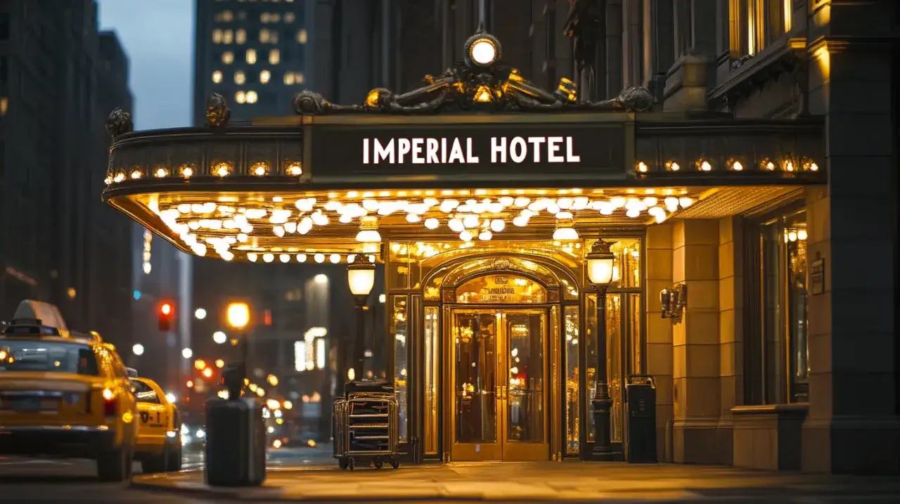 Imperial Hotel nocą, z żółtymi taksówkami i migoczącymi światłami. Luksusowy hotel, nie tani motel.