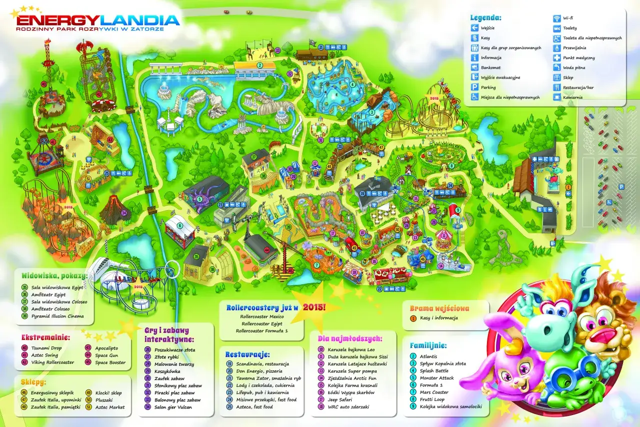 Mapa Energylandii pokazuje, ile jest atrakcji: od ekstremalnych roller coasterów po rodzinne karuzele i strefy dla najmłodszych.