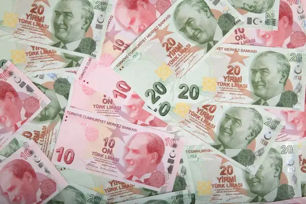 Turecka lira to waluta, jaką płacimy w Turcji. Widoczne banknoty 10 i 20 lir.