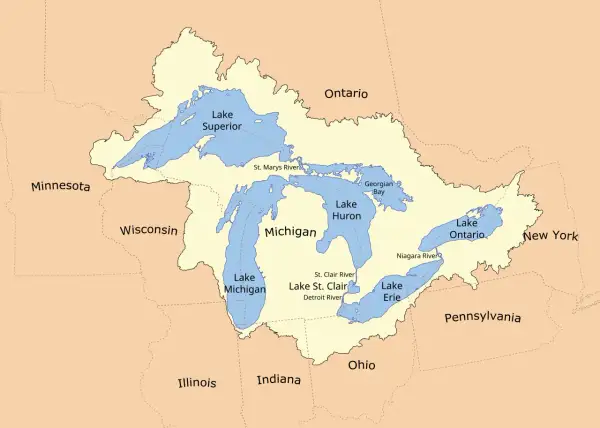 Mapa Wielkich Jezior. Jezioro Erie znajduje się na południe od Jeziora Huron i Michigan, na wschód od Ohio i Pensylwanii.