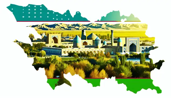 Krajobraz Uzbekistanu z zabytkami i flagą. Czy wyjazd do Uzbekistanu jest bezpieczny? Tak, to fascynująca podróż!