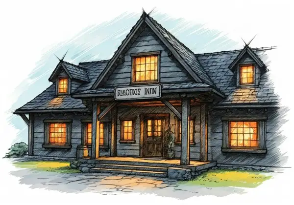 Ilustracja karczmy "SHOOOKS INN" z zapalonymi oknami.