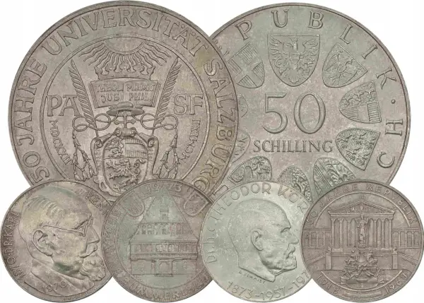 Kiedyś drobniak w Austrii. Kolekcja monet upamiętniających 50-lecie republiki, uniwersytet w Salzburgu i postacie historyczne.