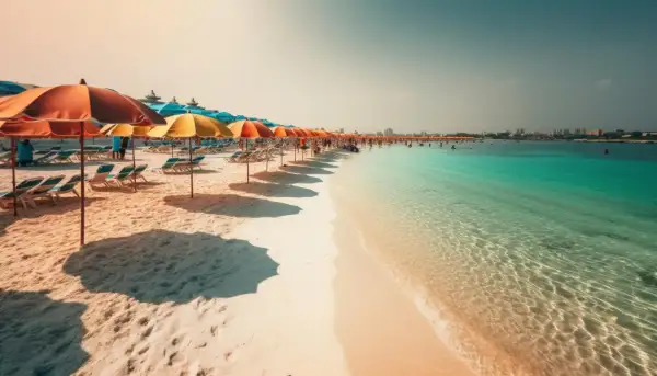 Piękna plaża z rzędem parasoli i leżaków, turkusowa woda i ludzie kąpiący się w morzu. Czy Djerba jest bezpieczna? Wygląda na spokojną i relaksującą.