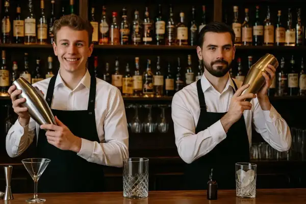 Dwóch barmanów w fartuchach przygotowuje drinki. Zastanawiasz się, ile zarabia barman?