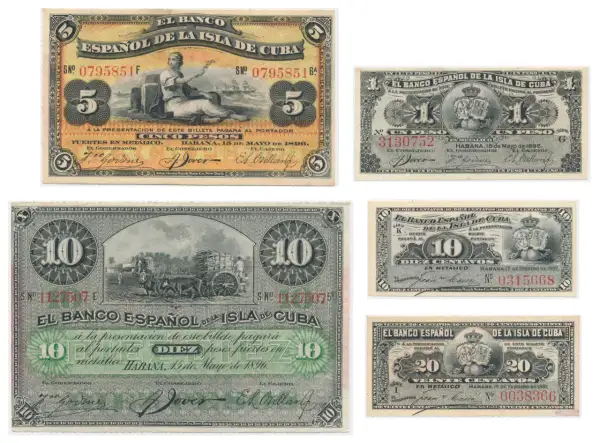 Stare banknoty z Kuby: 5, 1 i 10 pesos, gdzie jest waluta pesos. Widoczne sceny z życia i symbole narodowe.