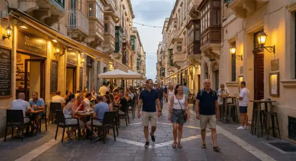 Ludzie spacerują i jedzą w restauracjach na maltańskiej uliczce. Czy Malta jest zagrożona? Wygląda na to, że tętni życiem.
