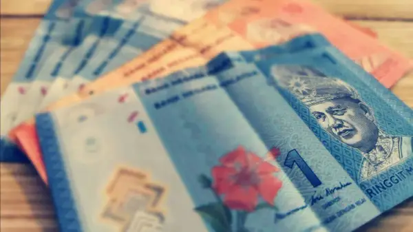 Malezyjskie banknoty, w tym ringgit, z portretem króla i kwiatem hibiskusa.