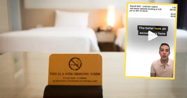 Tabliczka "This is a non-smoking room" i ekran z informacją o wykryciu dymu. Jak zakryć czujnik dymu w hotelu?