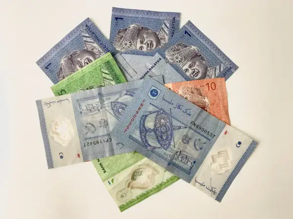 Malezyjskie banknoty, w tym 1 RM i 10 RM, z wizerunkiem króla.